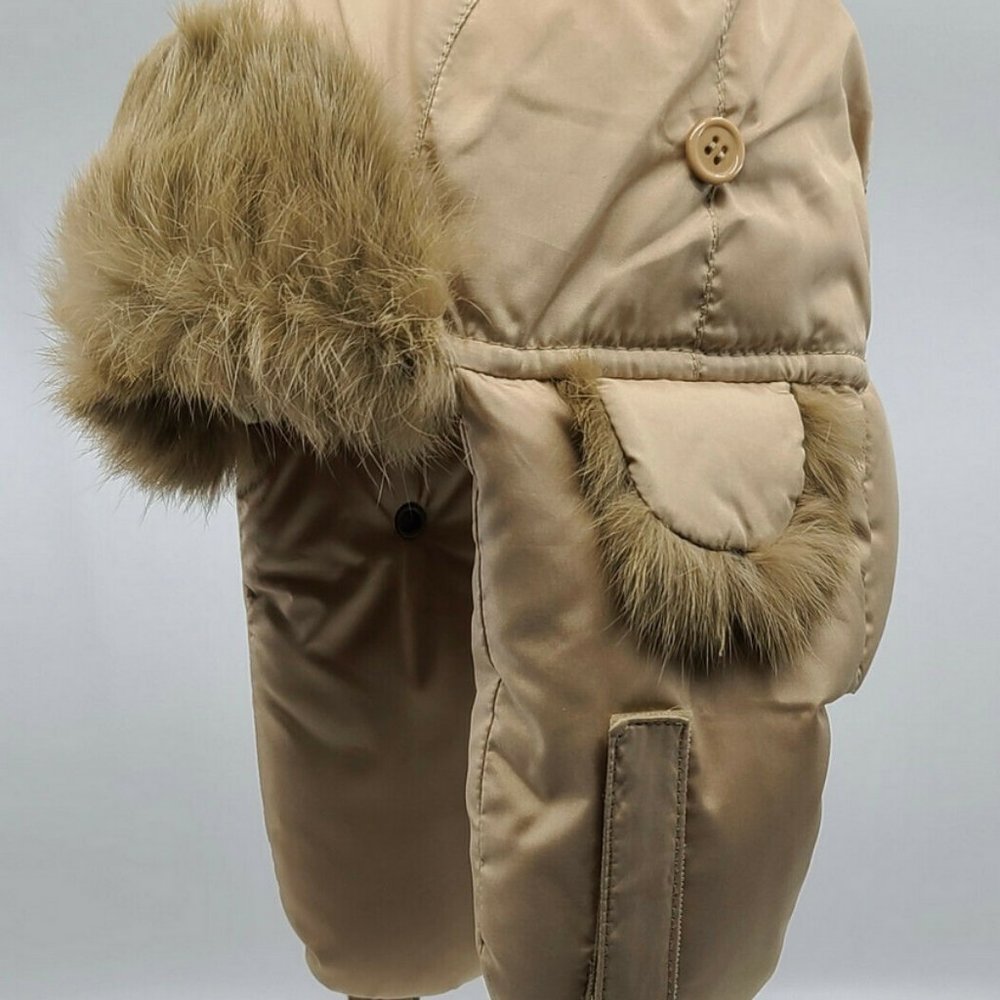 💕 Quilted Nylon Aviator Trapper Hat with Rabbit Fur Trim * Camel Brown * NWT